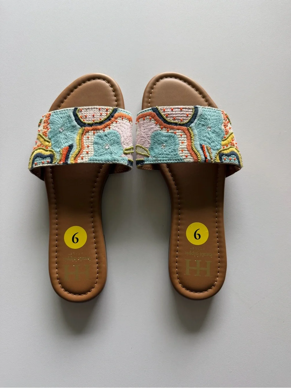 Haute Hippie Multicolor Embroidered Slide Sandals - Teal/Coral/Tan